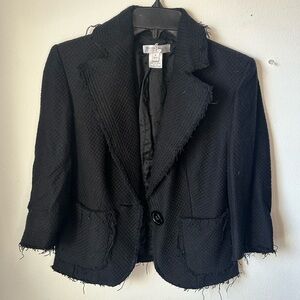 Vintage Black Tweed Textured Blazer with Frayed Edges